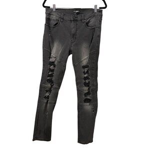 Mens Distressed Black Skinny Jeans Size 34 With Ripped Details & Stretchy Fit
